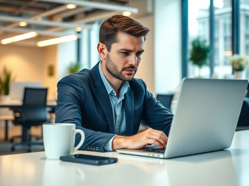 Mężczyzna przy biurku z laptopem, logujący się do portalu internetowego w nowoczesnym biurze.