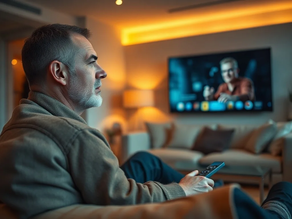 Mężczyzna siedzący na kanapie przed telewizorem, korzystający z pilota w przytulnym salonie.