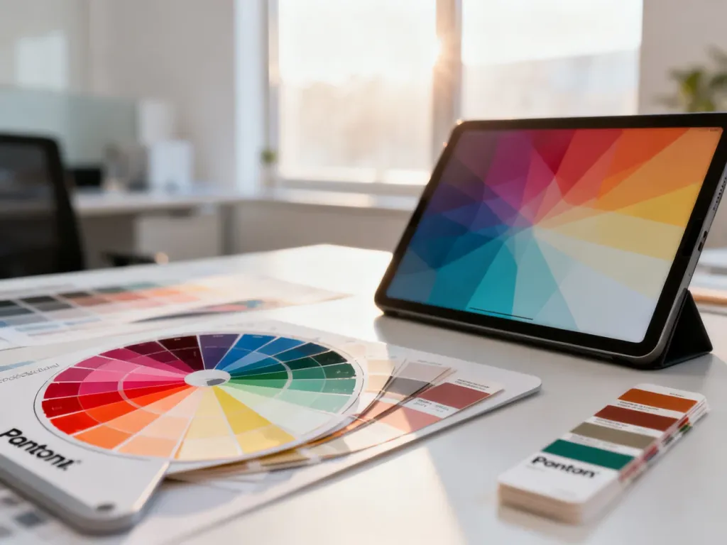 Profesjonalne stanowisko grafika z paletą barw, próbnikami Pantone i tabletem, ilustrujące proces wyboru kolorów do logo.