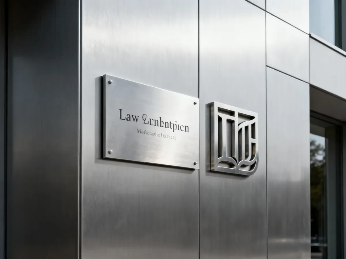 Metalowa grawerowana tablica i ażurowe logo na nowoczesnej fasadzie