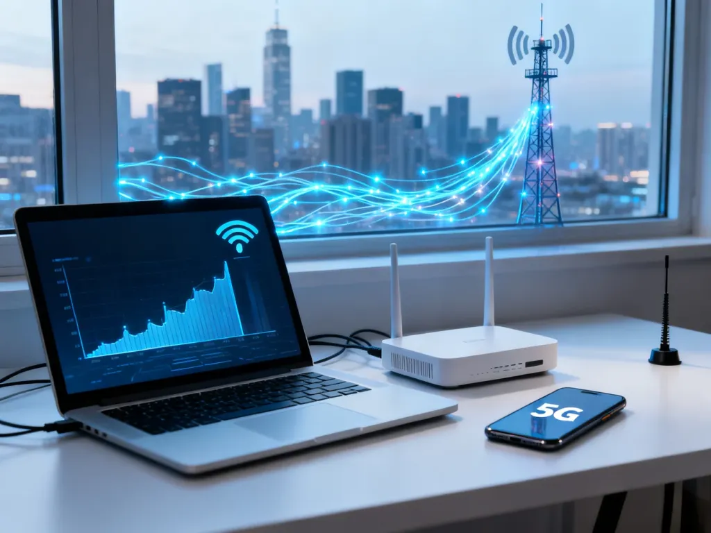 Nowoczesne biuro domowe z laptopem, routerem Wi‑Fi i smartfonem 5G na tle miasta z wieżą komórkową i światłowodem