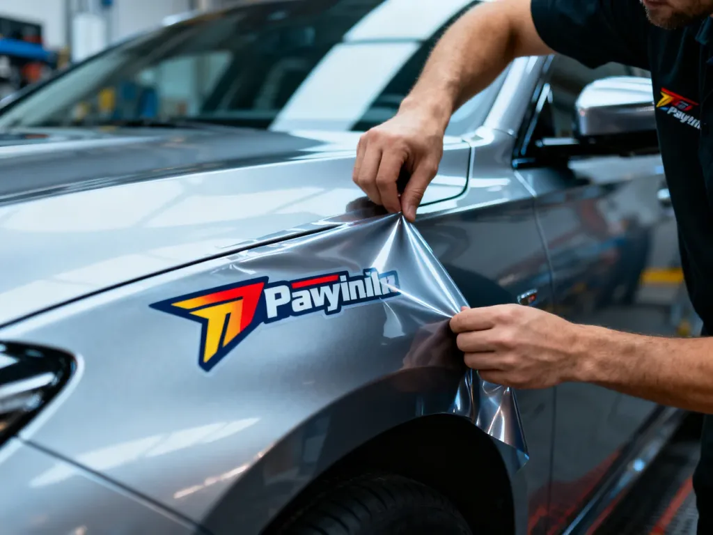 Specjalista precyzyjnie nakłada folię reklamową na karoserię samochodu w profesjonalnym warsztacie.