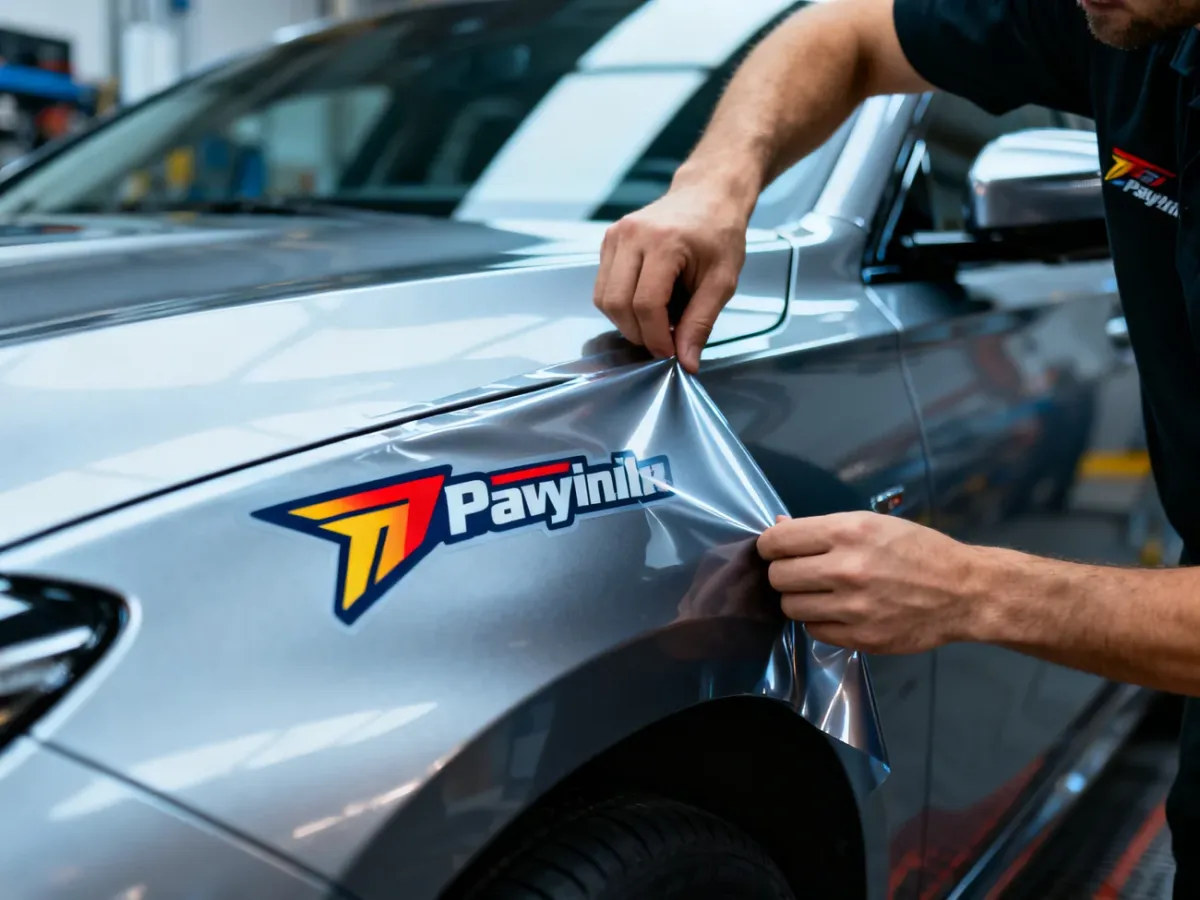 Specjalista precyzyjnie nakłada folię reklamową na karoserię samochodu w profesjonalnym warsztacie.