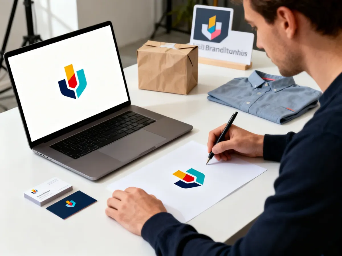 Projektant opracowuje proste logo i sprawdza je na różnych materiałach marki.