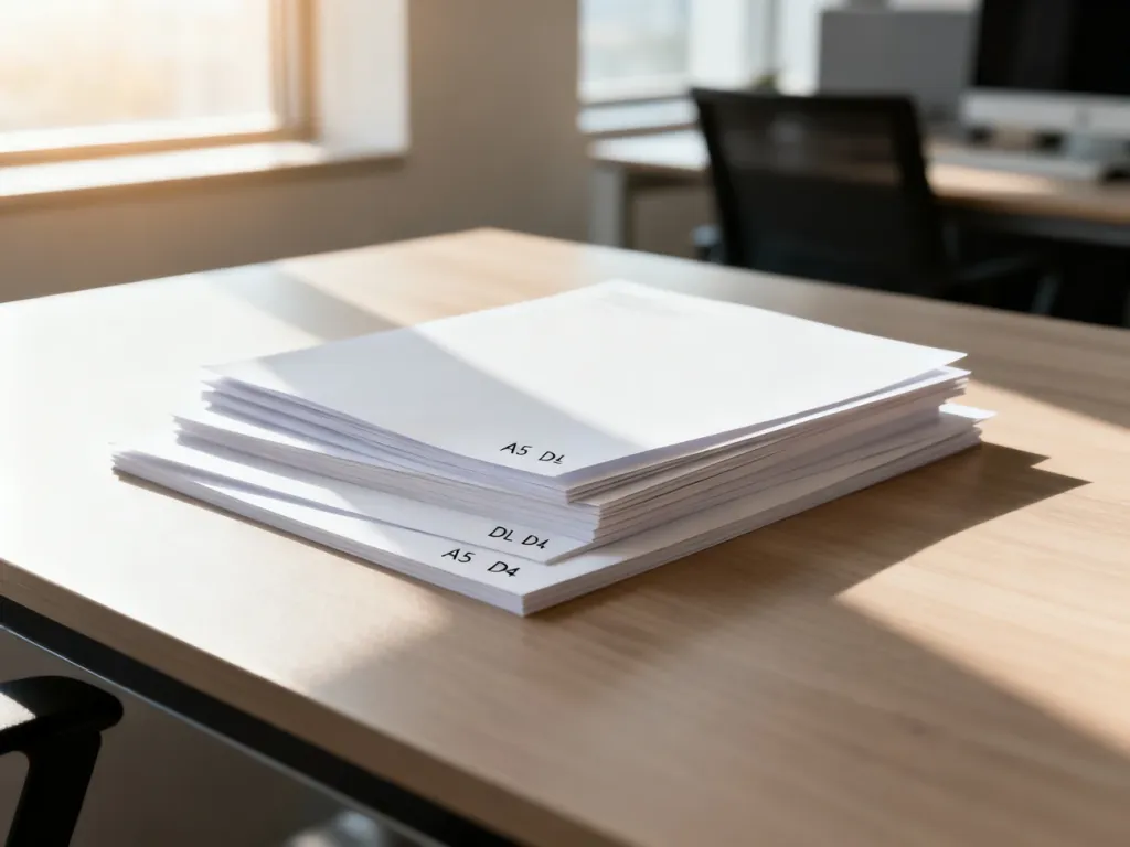 Stos profesjonalnych ulotek w formatach A5, DL i A4 starannie ułożony na nowoczesnym biurku.