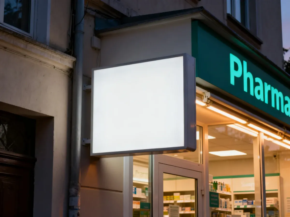Podświetlany kaseton reklamowy na elewacji lokalu po zmroku