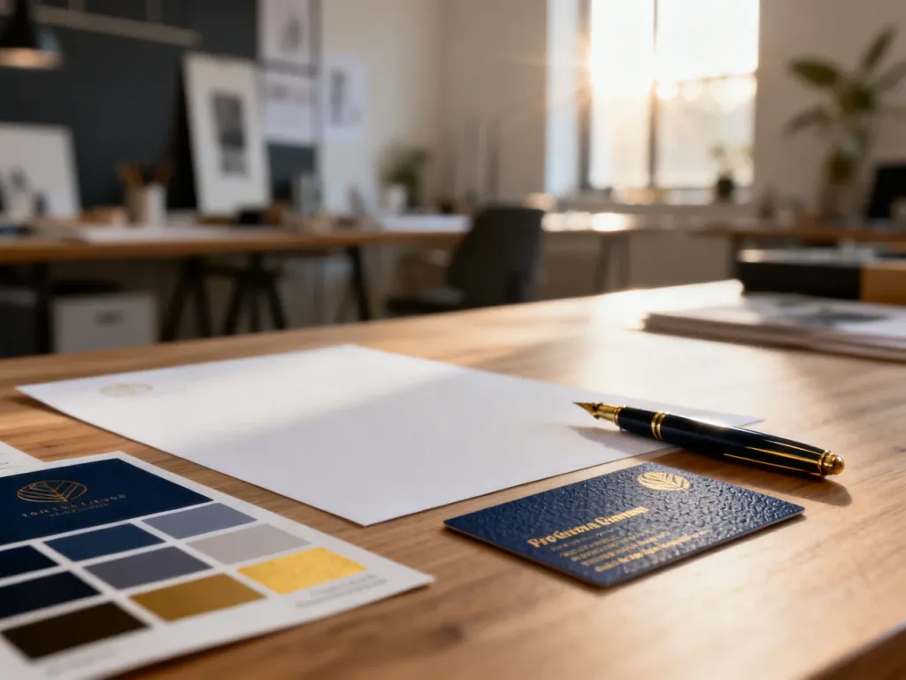Minimalistyczny zestaw brandingowy z próbkami kolorów, wizytówką i piórem na drewnianym biurku w nowoczesnym studiu.