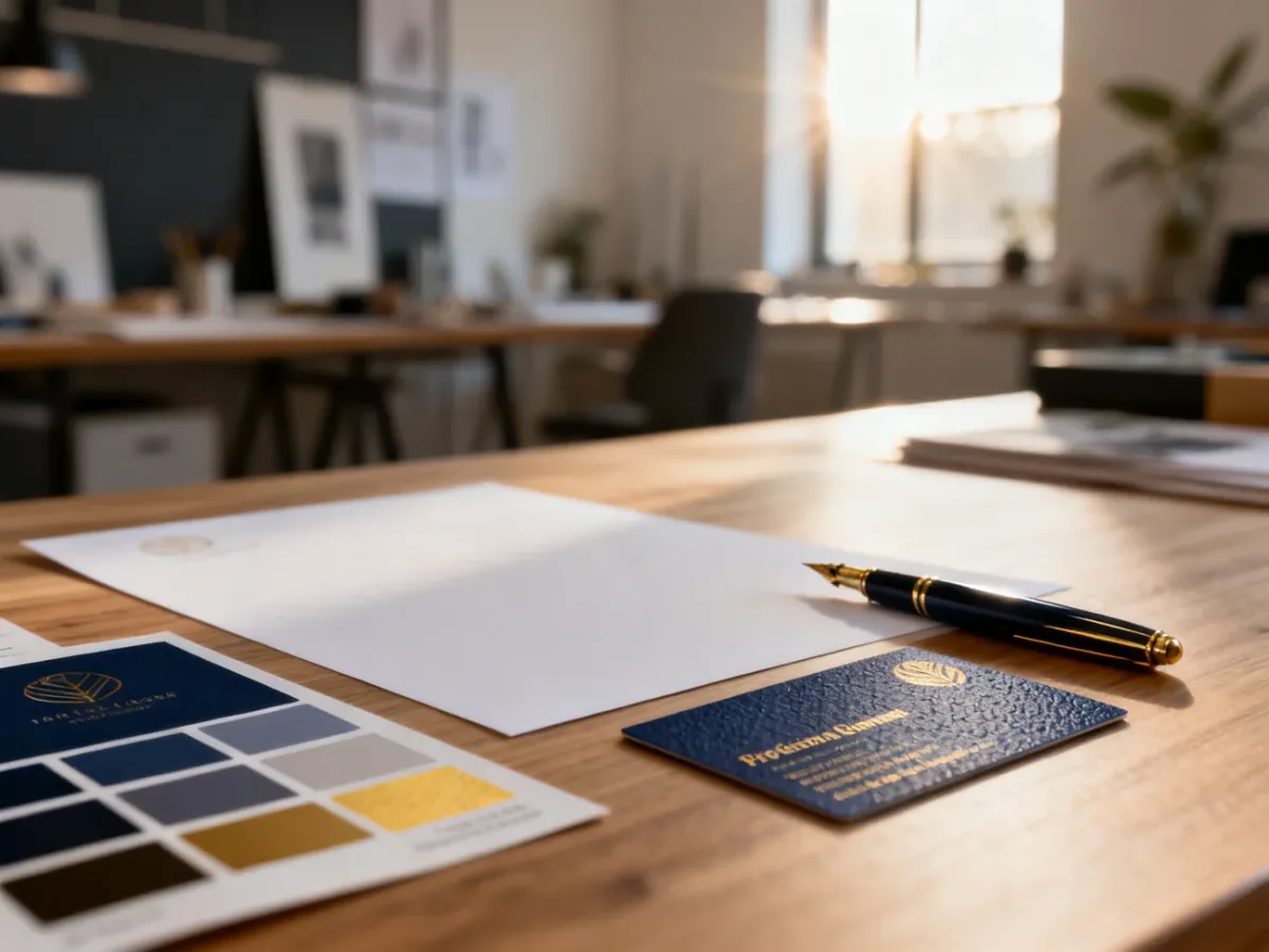 Minimalistyczny zestaw brandingowy z próbkami kolorów, wizytówką i piórem na drewnianym biurku w nowoczesnym studiu.