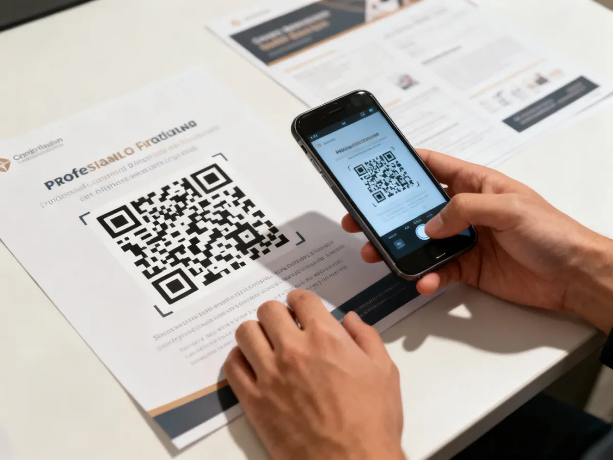 Smartphone scanning a QR code on a promotional flyer