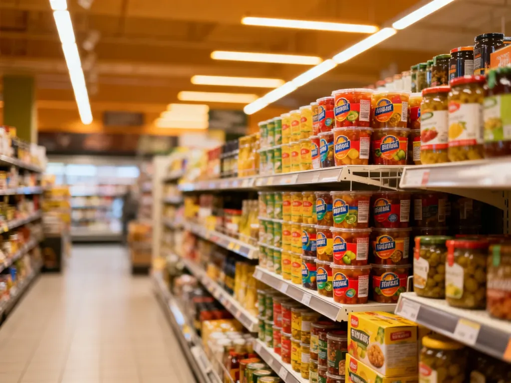 Idealnie uporządkowana alejka sklepowa z równo ułożonymi produktami, prezentująca zasady skutecznego merchandisingu.