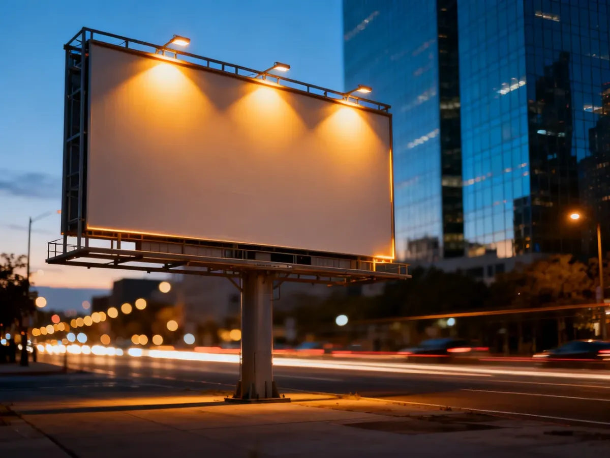 Pusty, podświetlony bilbord reklamowy na tle wieczornego miasta, gotowy do umieszczenia treści promocyjnej.