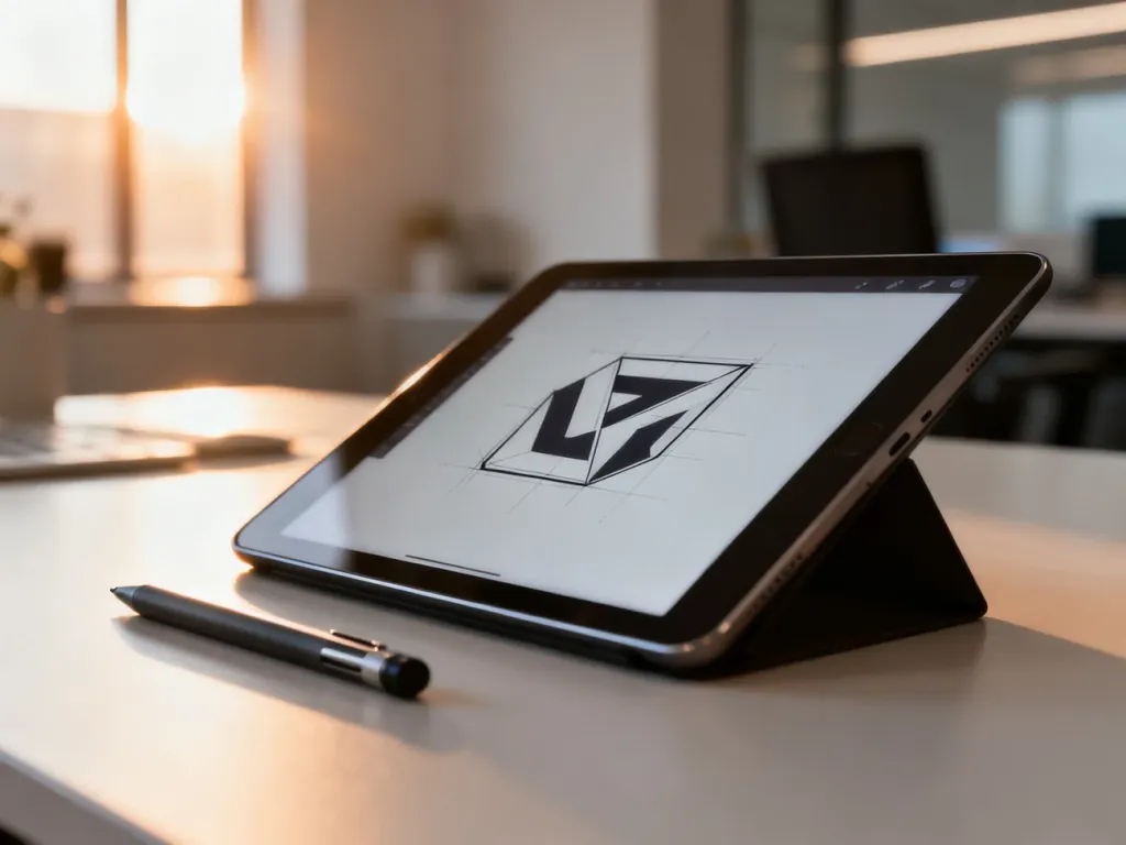 Profesjonalne stanowisko pracy grafika z tabletem wyświetlającym projekt logo i rysikiem.