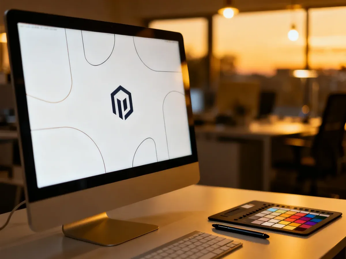 Nowoczesne stanowisko pracy grafika z monitorem wyświetlającym projekt logo w formie wektorowej.