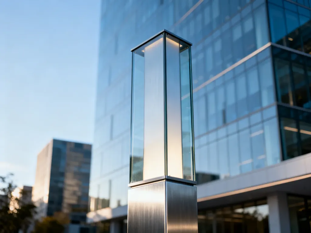 Nowoczesny pylon reklamowy ze stali i szkła, podświetlony diodami LED, stojący przed biurowcem w dzielnicy biznesowej.