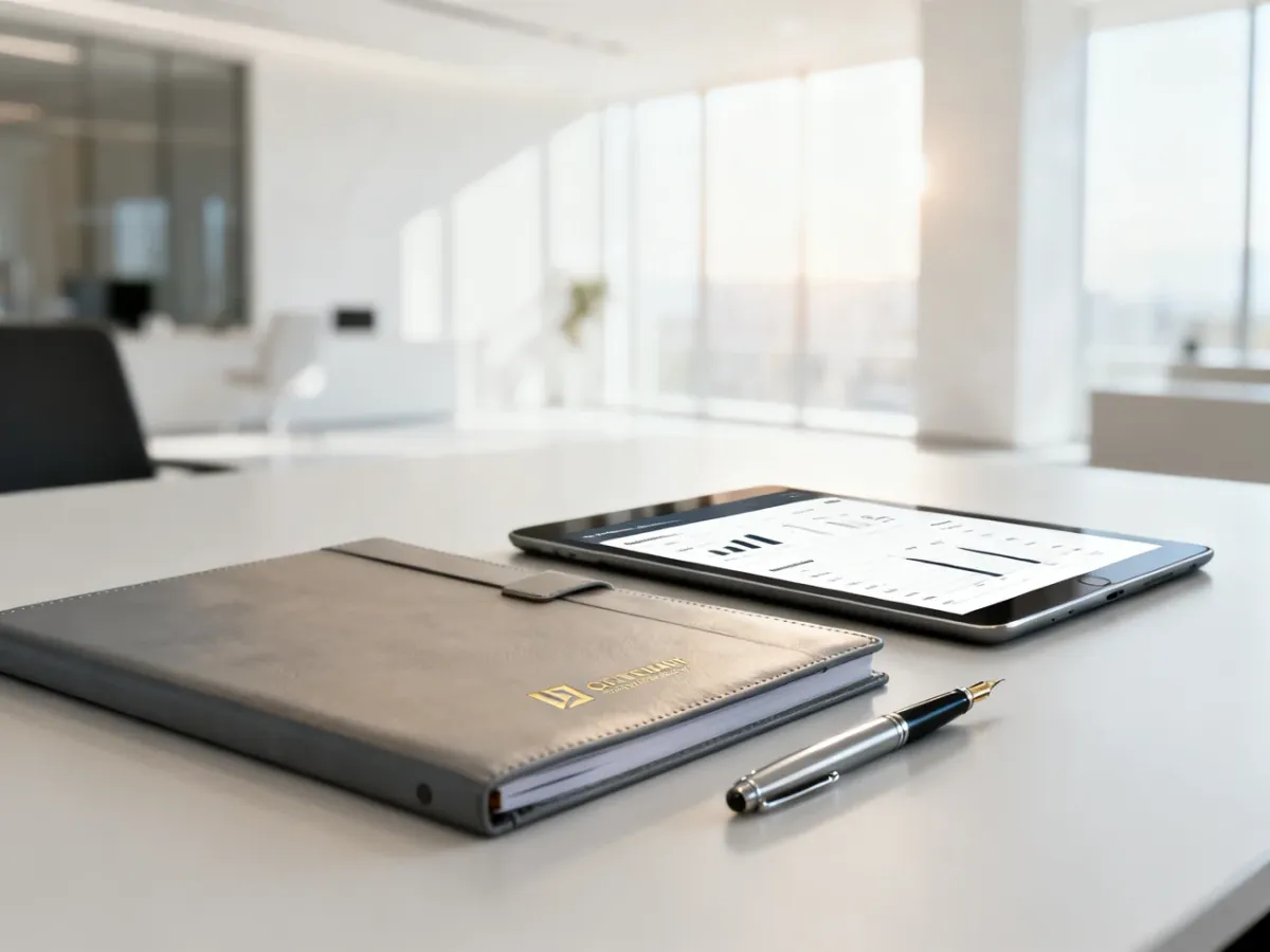 Elegancki folder firmowy, pióro i tablet na biurku, symbolizujące profesjonalny wizerunek i nowoczesny profil działalności.