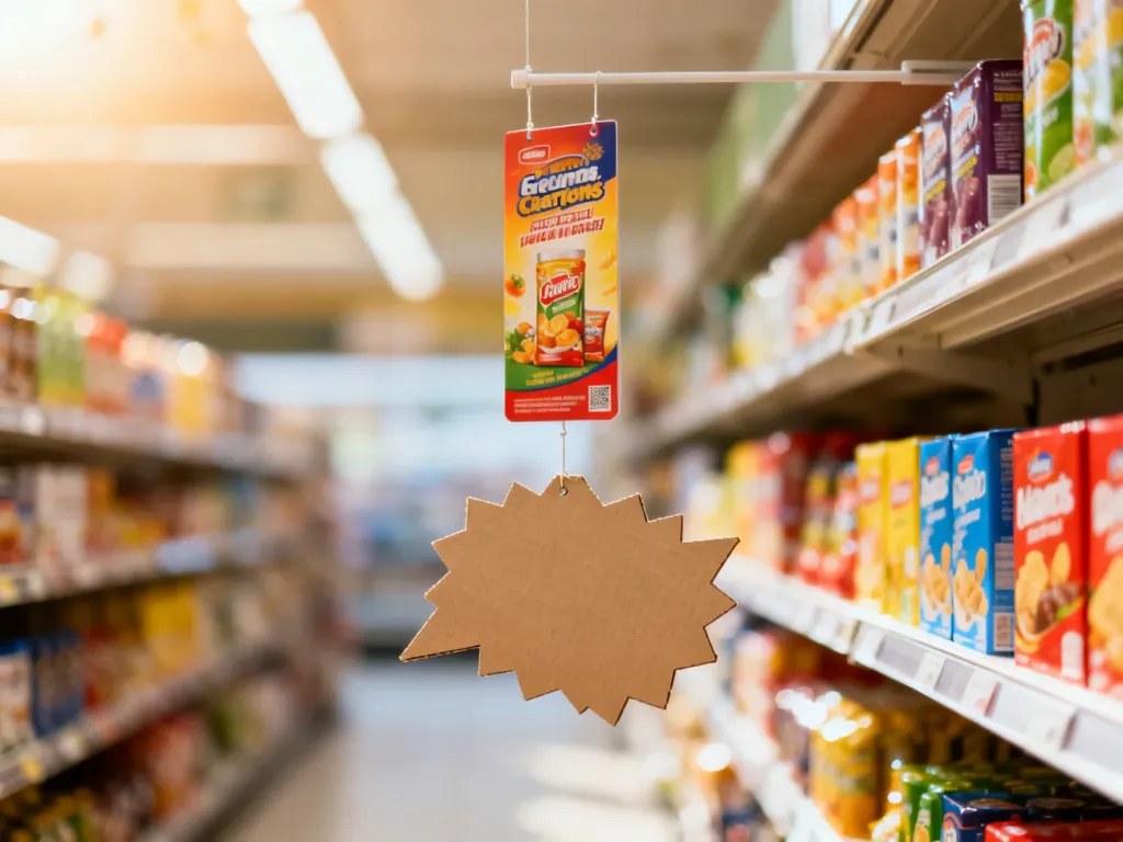 Wiszący na półce sklepowej dangler reklamowy, który przyciąga uwagę klientów do promowanego produktu.