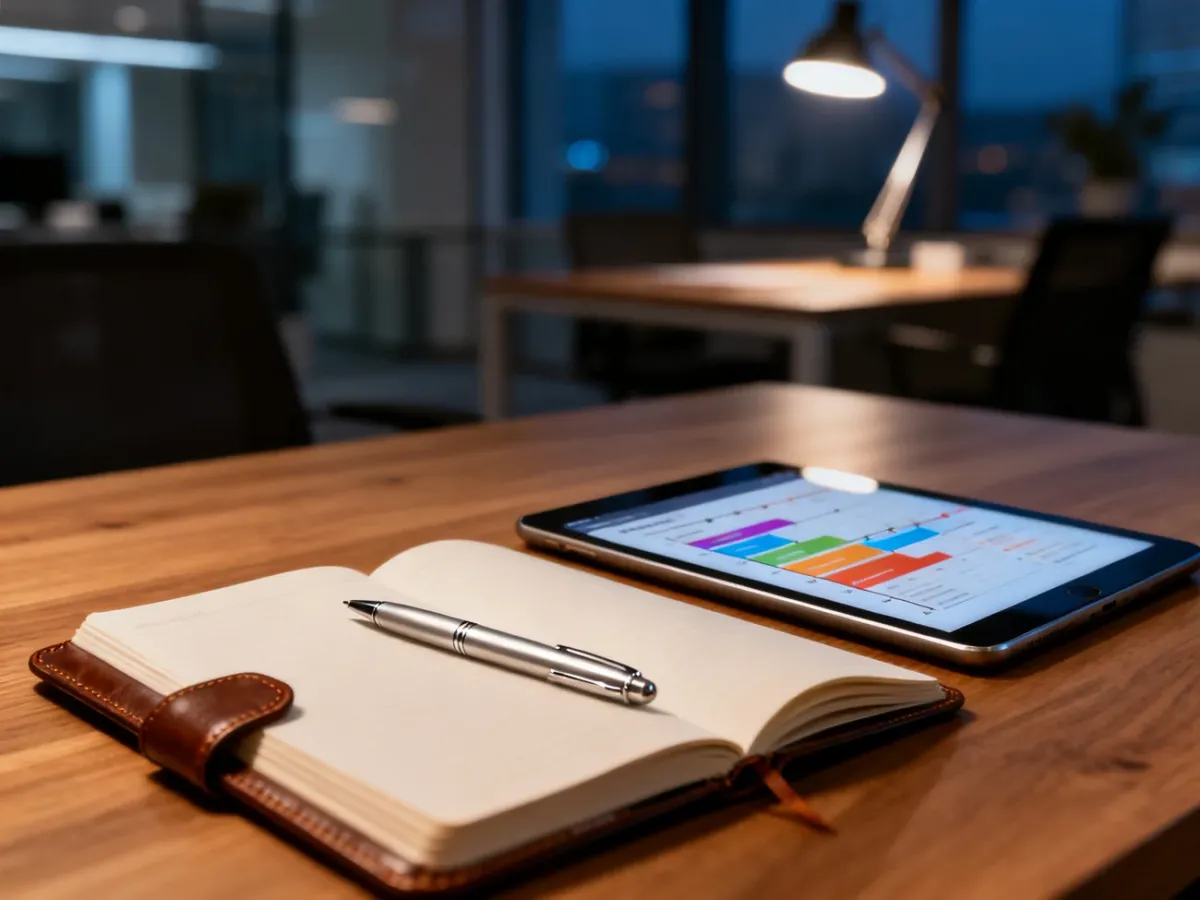 Notatnik z listą zadań, tablet z harmonogramem i długopis na biurku, symbolizujące profesjonalne planowanie eventu firmowego.